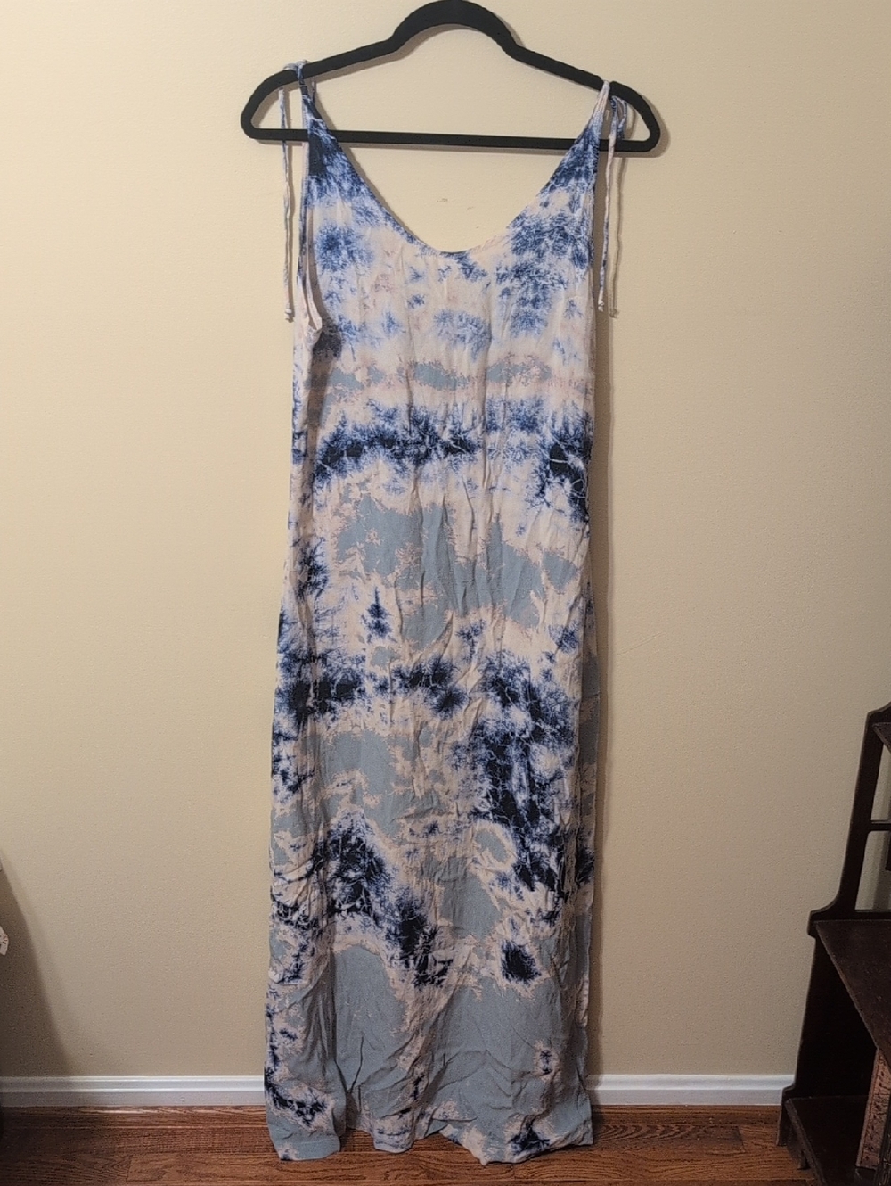 Tie-Dye Boho Blue and Cream Maxi Dress - Lightweight Summer Slip